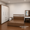 Thiết kế giường tủ giá rẻ màu óc chó pha màu trắng với tủ 2mx2m, giường 1m8x2m, bàn trang điểm 80cm, táp đầu giường 40cm