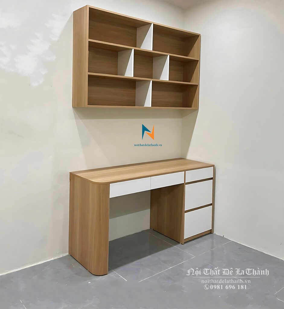 Bàn học đi kèm giá sách, bàn học có kích thước 1mx75cm, giá sách 1mx90cm, chất liệu gỗ mdf, màu 388 pha cánh màu trắng rất đẹp