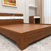 Giường MDF có chân khoét vòm, phủ melamine vân óc chó, đầu giường 4 thanh nan với điểm nhấn trắng. Kích thước 1m6x2m hoặc 1m8x2m.