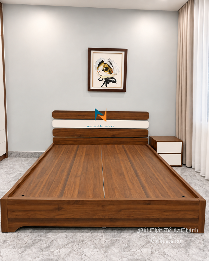 Chiếc giường làm bằng gỗ công nghiệp MDF chống mối mọt, lớp phủ melamine chống trầy xước