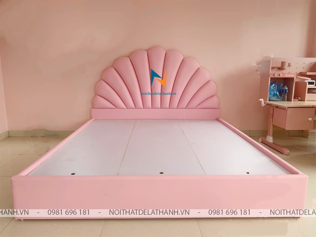 Giường ngủ bọc nỉ màu hồng dành cho bé gái 12 tuổi, kích thước 1m6x2m
