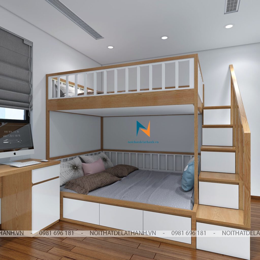 Giường tầng có thiết kế 1m8x2m, pha giữa màu gỗ sồi và màu trắng, chất liệu gỗ công nghiệp MDF, có cầu thang gỗ nối tầng 1 và tầng 2, có thể dùng cho cả trẻ em hoặc người lớn