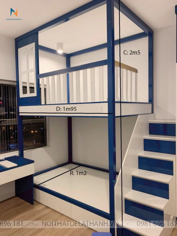 Kích thước giường tầng bé trai: cao 2m5, dài 2m5 (cả cầu thang). Giường trên kích thước 1m2 x 1m95 (phủ bì). Giường dưới 1m2 x 1m95 (phủ bì)