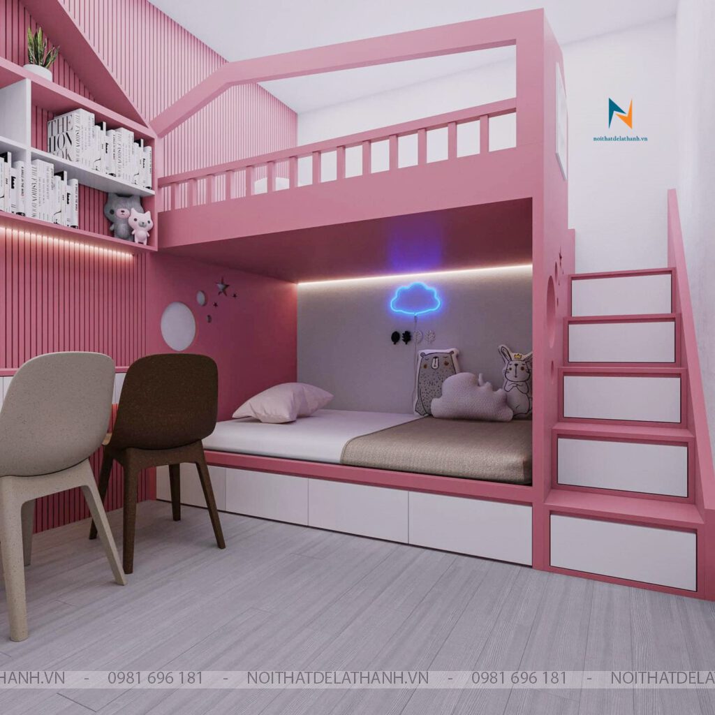 Giường tầng màu hồng bé gái cao 2m4, dài 2m5 (cả câu thang). Giường trên 1m2 x 1m95 (phủ bì). Giường dưới 1m2 x 1m95 (phủ bì)