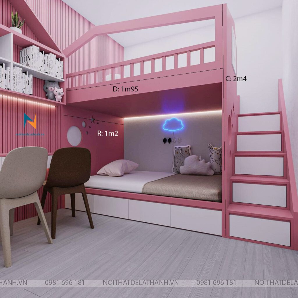 Kích thước Giường tầng màu hồng: cao 2m4, dài 2m5 (cả câu thang). Giường trên 1m2 x 1m95 (phủ bì). Giường dưới 1m2 x 1m95 (phủ bì)