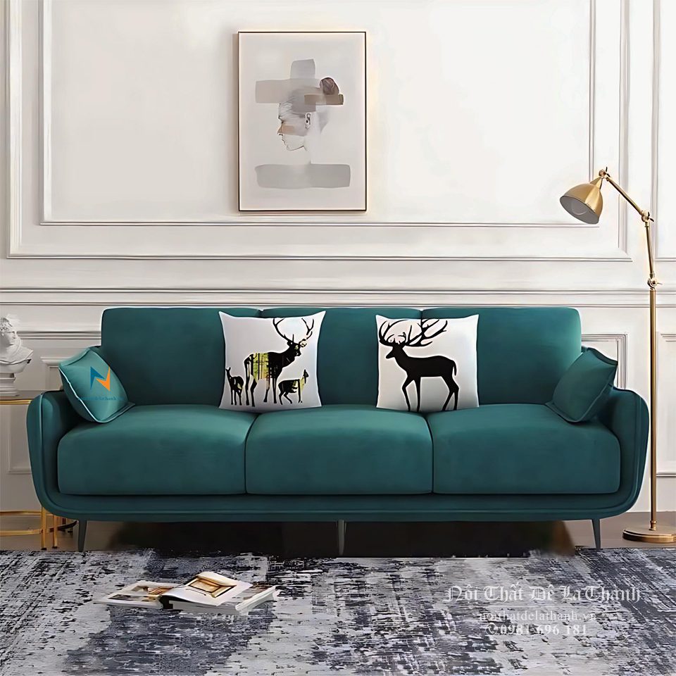 Chiếc văng sofa bọc nỉ màu xanh cổ vịt, dành cho 3 người ngồi, kích thước dài 2m, thiết kế theo phong cách hiện đại