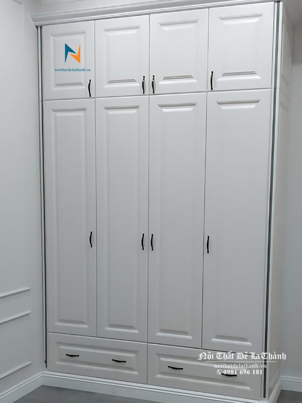 Tủ tân cổ điển màu trắng, 2 tầng, kích thước 1m6x2m6, chất liệu gỗ công nghiệp mdf, gồm 4 cánh, 2 buồng, 2 ngăn kéo
