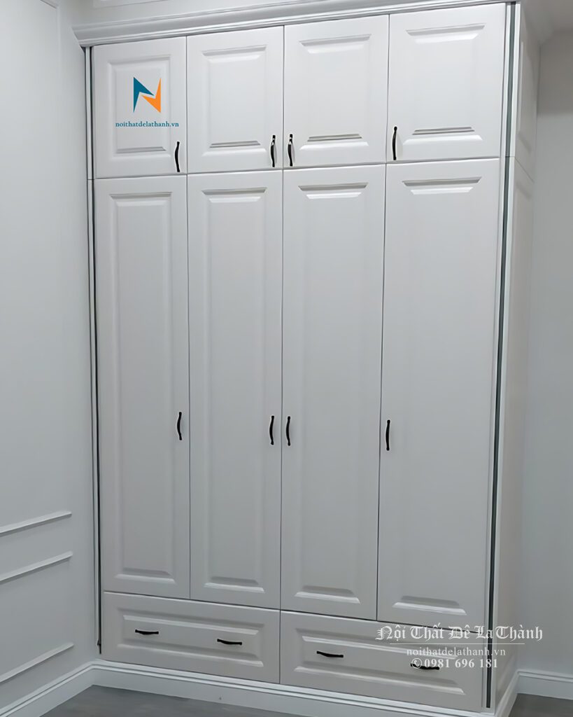 Tủ tân cổ điển màu trắng, 2 tầng, kích thước 1m6x2m6, chất liệu gỗ công nghiệp mdf, gồm 4 cánh, 2 buồng, 2 ngăn kéo