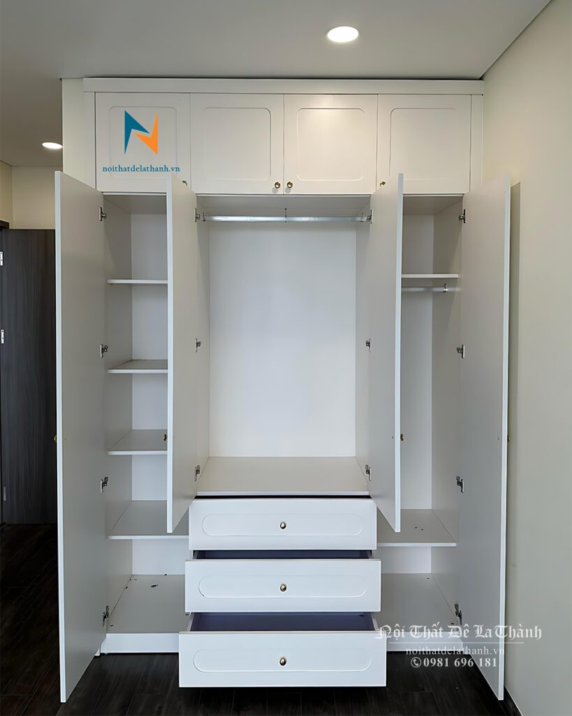 Thiết kế bên trong chiếc tủ quần áo gỗ tân cổ điển hiện đại 1m6x2m6 kịch trần, với 4 cánh, 3 buồng, 3 ngăn kéo
