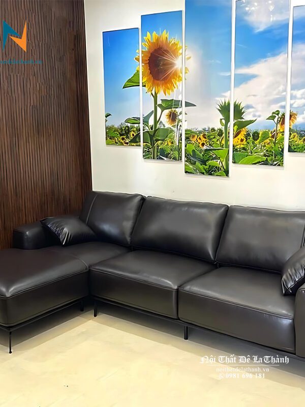 Bộ sofa da góc chữ L, da bò thật, có 3 tựa, màu đen rất sang trọng