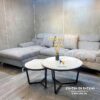 Bộ sofa chữ L khung gỗ, chân inox, bọc nhung màu ghi sáng, kích thước 2m6x1m7