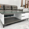 Chiếc bàn sofa kíc thước 60cmx1m2, chất liệu gỗ công nghiệp mdf, phối 2 màu ghi xám và màu trắng