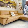 Bộ sofa da góc chữ L thiết kế theo phong cách hiện đại: khung gỗ tự nhiên, bọc da cleo màu ginger, kích thước 2m6x1m7