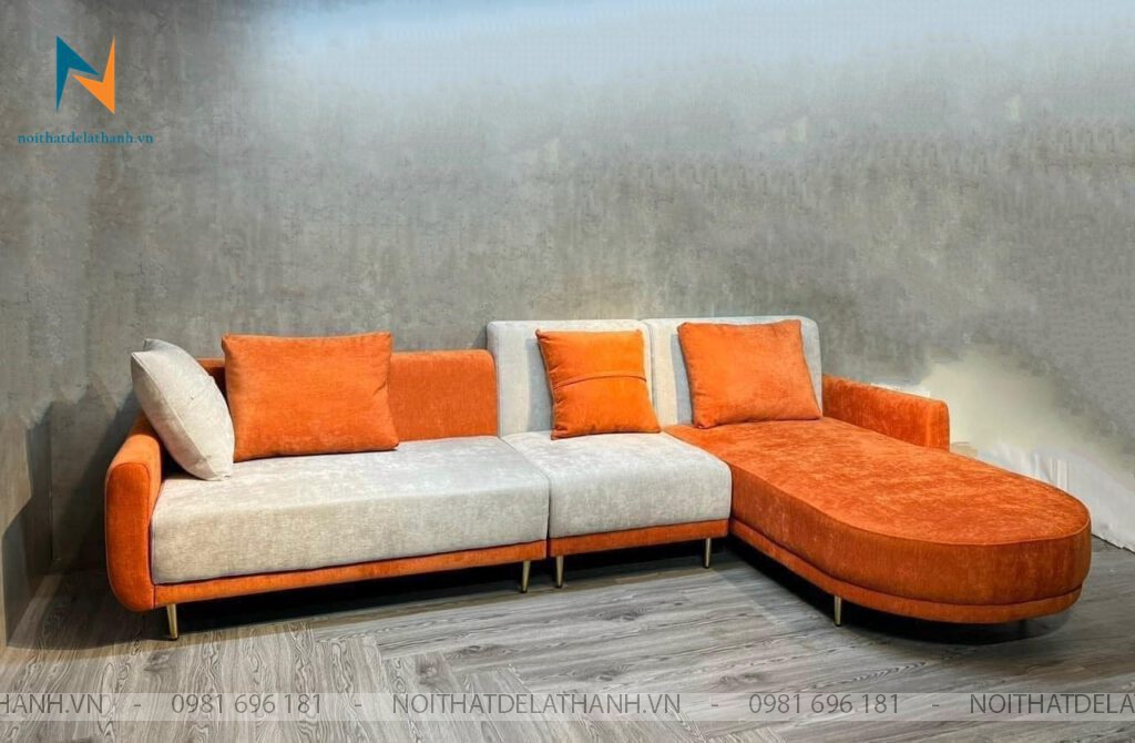 Bộ Sofa Nỉ Nhung 2m6, mix giữa màu cam và màu ghi sáng siêu đẹp