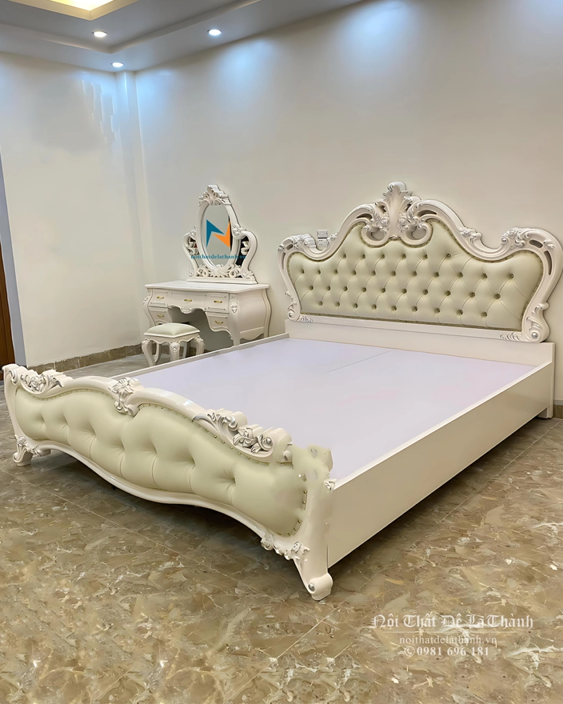 Chiếc giường hoàng gia tân cổ điển màu trắng, kích thước 1m8x2m, có thêm lựa chọn 2mx2m2, màu sắc theo yêu cầu