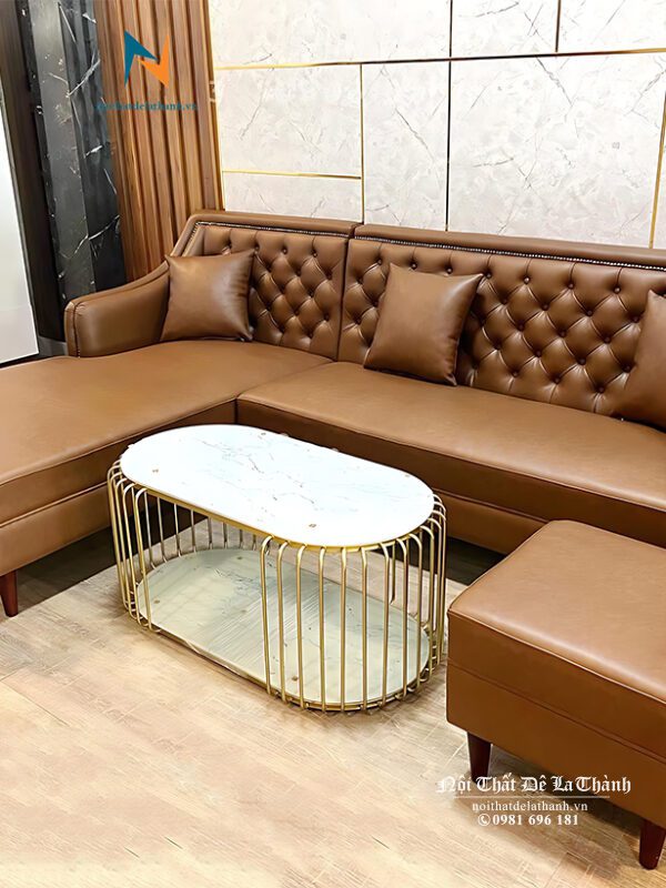 Bộ sofa da chữ L, kích thước 2m8x1m7, khung gỗ tự nhiên rất chắc chắn, rất thích hợp khi đi với một chiếc bàn trà hình oval hoặc hình chữ nhật