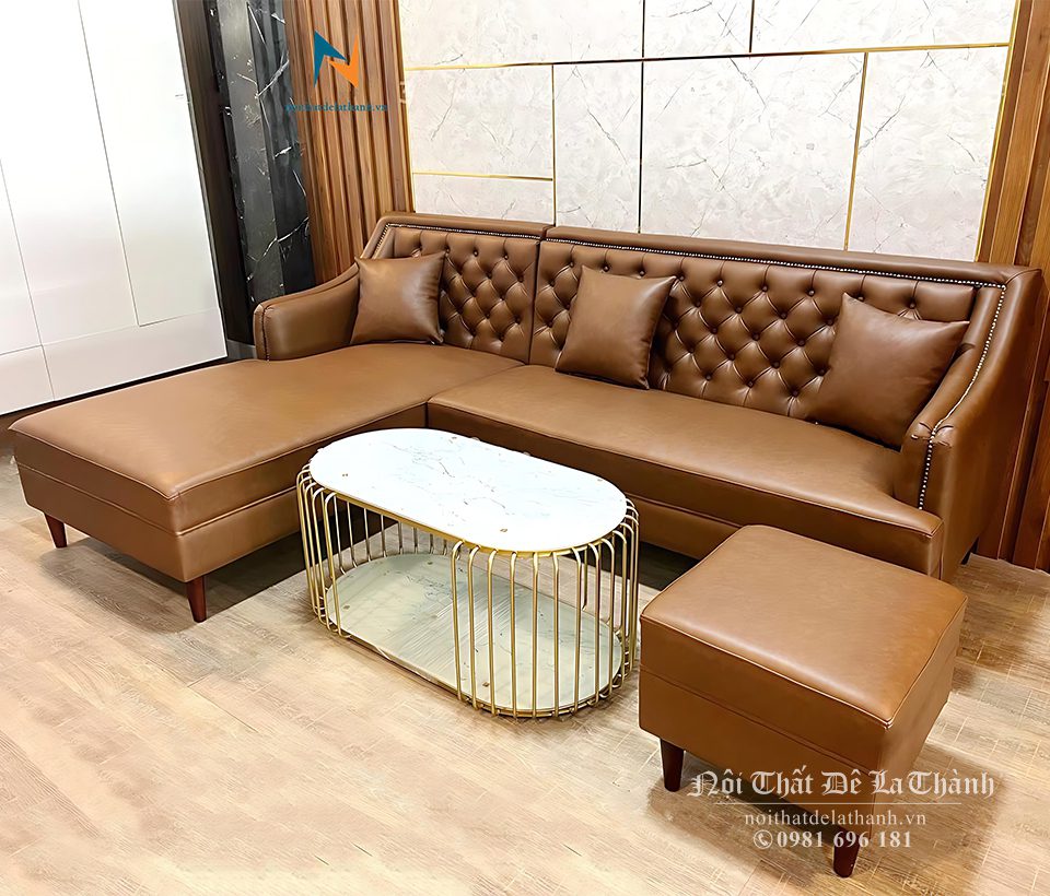 Bộ sofa da chữ L, kích thước 2m8x1m7, khung gỗ tự nhiên rất chắc chắn, rất thích hợp khi đi với một chiếc bàn trà hình oval hoặc hình chữ nhật