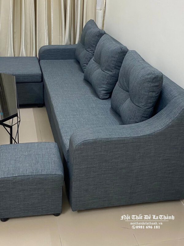 Bộ sofa góc nỉ chữ L này thuộc phân khúc giá rẻ, bán chạy nhất của Nội Thất Đê La Thành, kích thước 2m2, đi kèm 3 gối và 2 đôn