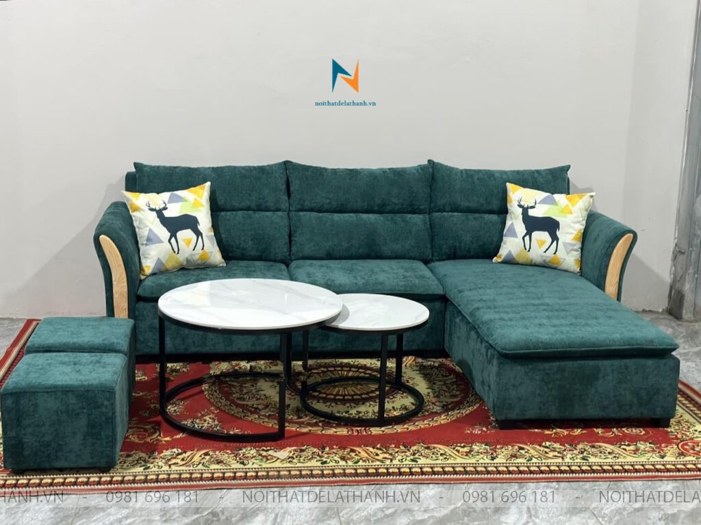 Bộ sofa góc chữ L hiện đại bọc vải nhung, kích thước 2m4x1m6x80cm với tay gỗ sồi đẹp nổi bật