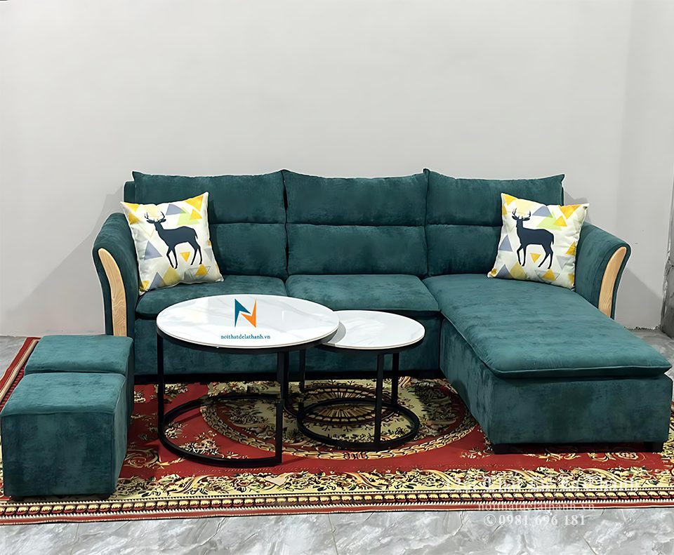 Bộ sofa góc chữ L hiện đại bọc vải nhung, kích thước 2m4x1m6x80cm với tay gỗ sồi đẹp nổi bật