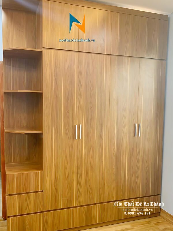 Tủ áo 2 tầng phong cách hiện đại, 2 tầng, kích thước 2mx2m6 kịch trần, bên trái có kệ góc trang trí