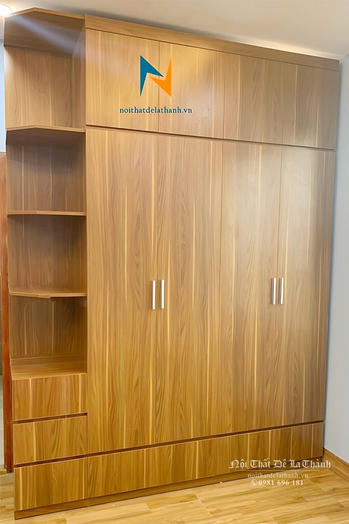 Tủ áo 2 tầng phong cách hiện đại, 2 tầng, kích thước 2mx2m6 kịch trần, bên trái có kệ góc trang trí