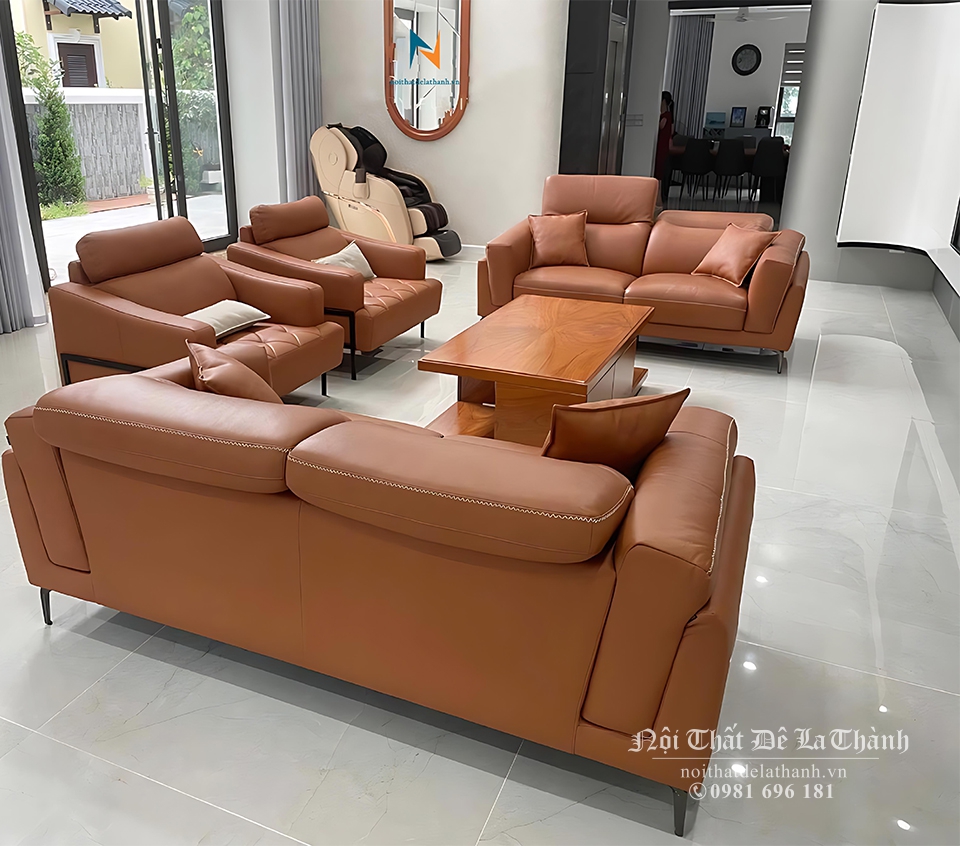 Bộ sa lông da chất liệu khung gỗ sồi, mút cao cấp, da bò thật, gồm: 2 văng đôi, 2 ghế đơn, thiết kế theo phong cách hiện đại