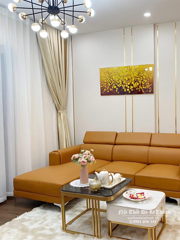 Bộ sofa góc chữ L có thiết kế hiện đại, màu ginger, kích thước 2m2x1m6, rất thích hợp khi phối với 1 bộ bàn trà cặp