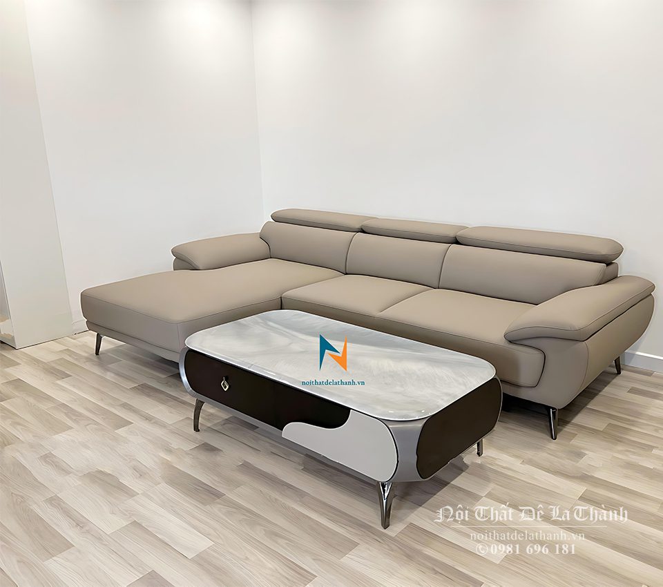 Sofa da góc chữ L, thiết kế theo phong cách sofa Perry với tựa gật gù, tay bo cong để có thể gối đầu, màu ghi xám, kích thước 2m6x1m7