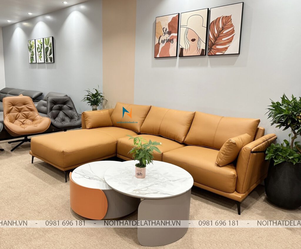 Ghế sofa đẹp hiện đại, kích thước 2m4x1m6, chất liệu: khung xoan đào, da công nghiệp cao cấp, màu da bò sang trọng