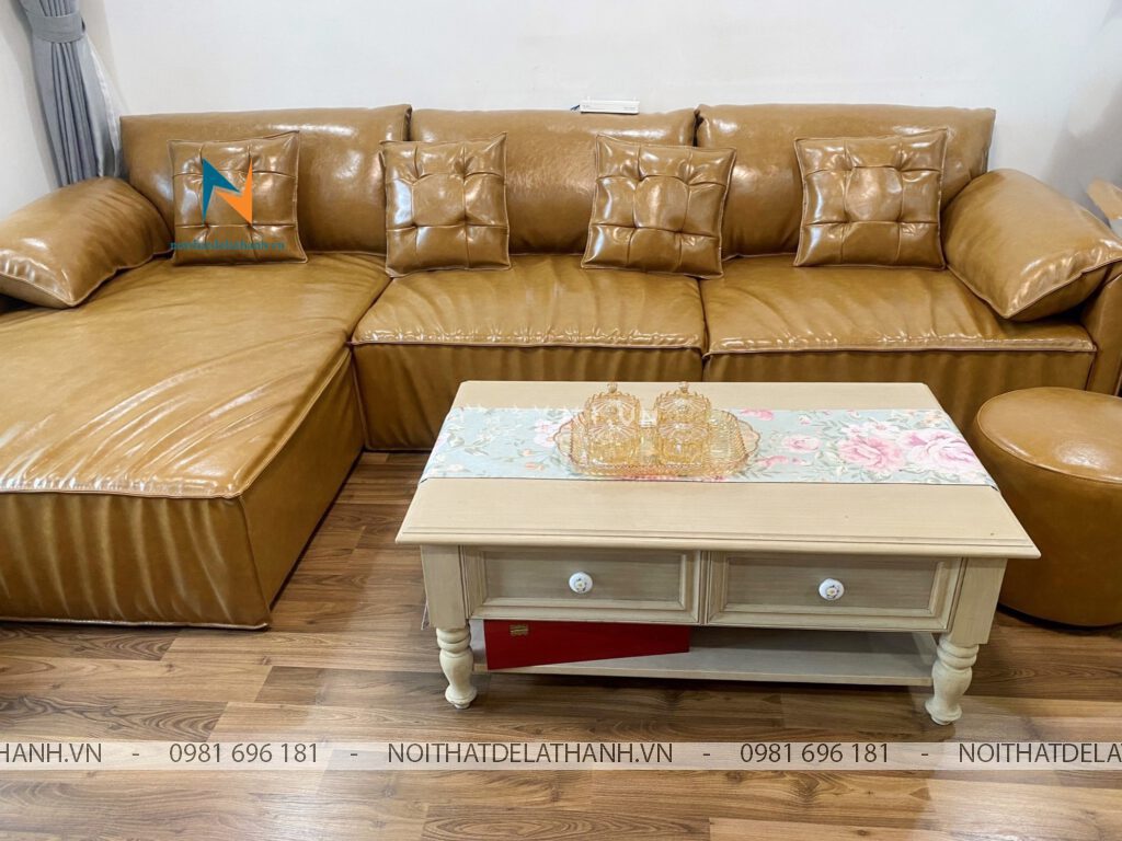 Bộ ghế salong nhỏ thuộc dòng sofa da góc cao cấp, kích thước 2m2x1m6, da Ý (Synthetic Leather), gỗ dầu, nệm mút memory foam