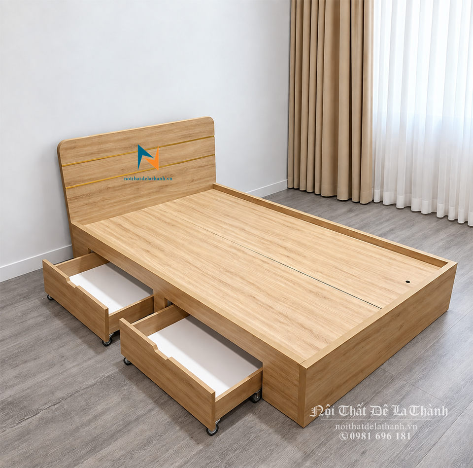Chiếc giường gỗ công nghiệp 1m2 có 2 ngăn kéo tiện dụng