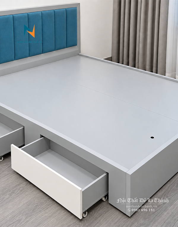 Giường gỗ công nghiệp 1m6 đầu bọc nỉ xanh