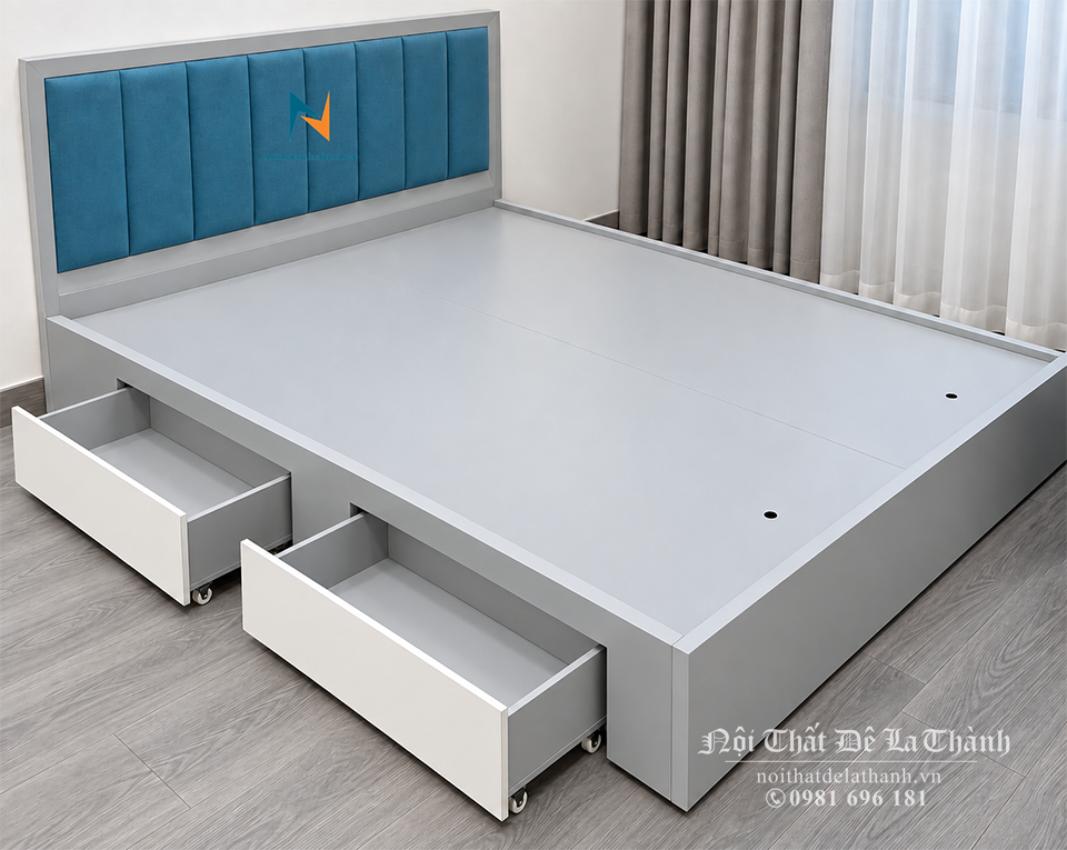 Giường gỗ công nghiệp 1m6 đầu bọc nỉ xanh