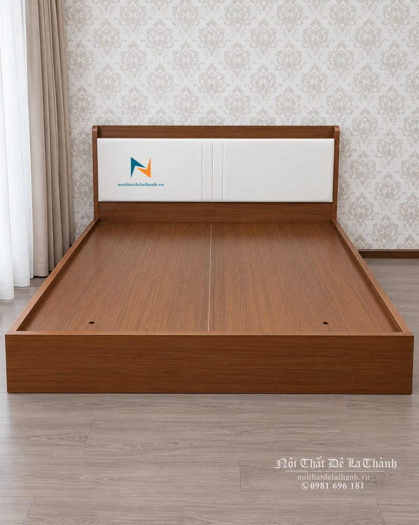 Hình ảnh thực tế giường ngủ đầu bọc nệm 1m8 có ngăn kéo lắp đặt bởi Nội Thất Đê La Thành