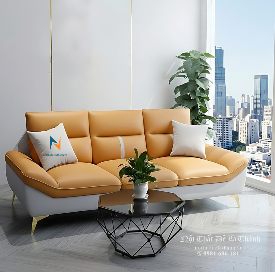 Sofa văng da hiện đại, 2m20cm x 90cm, màu ginger pha màu ghi xám, chân inox. Chất liệu: khung xoan đào, mút Malaysia cao cấp, da cleo