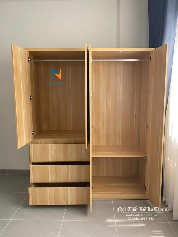 Thiết kế bên trong chiếc tủ 1m6, gồm 2 khoang, 2 cánh dài, 2 cánh cộc, 3 ngăn kéo