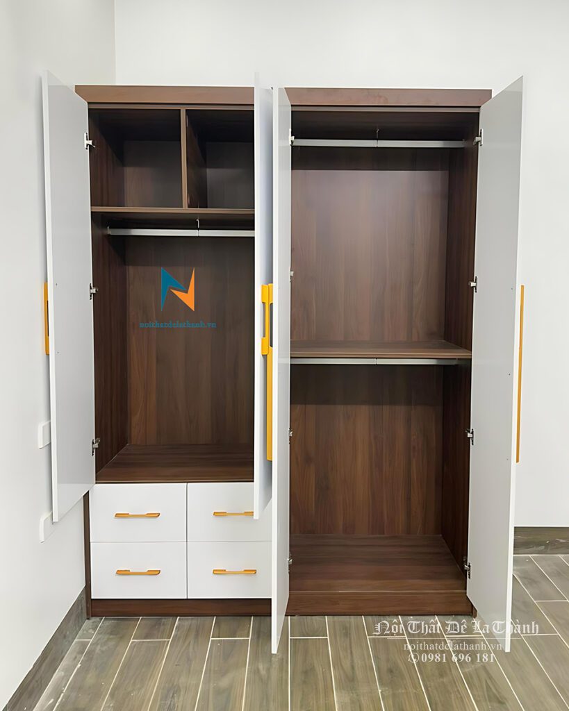 Thiết kế bên trong chiếc tủ gỗ 4 cánh, gồm 2 cánh dài, 2 cánh cộc và 4 ngăn kéo, kích thước 1m6x2m