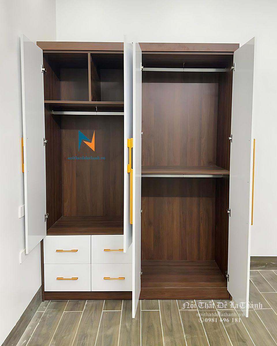 Thiết kế bên trong chiếc tủ gỗ 4 cánh, gồm 2 cánh dài, 2 cánh cộc và 4 ngăn kéo, kích thước 1m6x2m