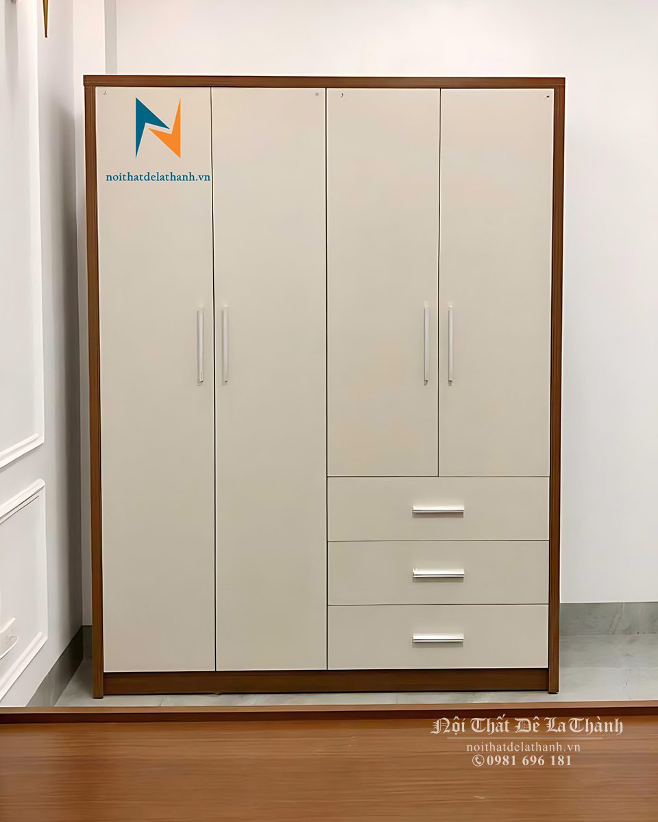 Chiếc tủ áo gỗ MDF, thân tủ màu tối, cánh tủ màu ghi sáng với 2 cánh dài, 2 cánh cộc và 3 ngăn kéo tiện dụng, kích thước 1m6x2m