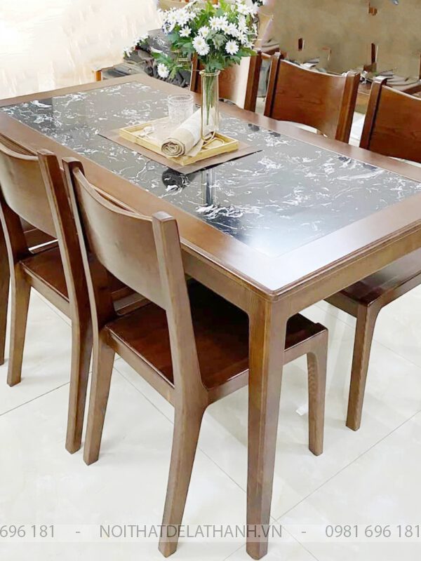 Bộ bàn ăn gỗ sồi 6 ghế mặt đá đen siêu đẹp, rất đáng sở hữu!