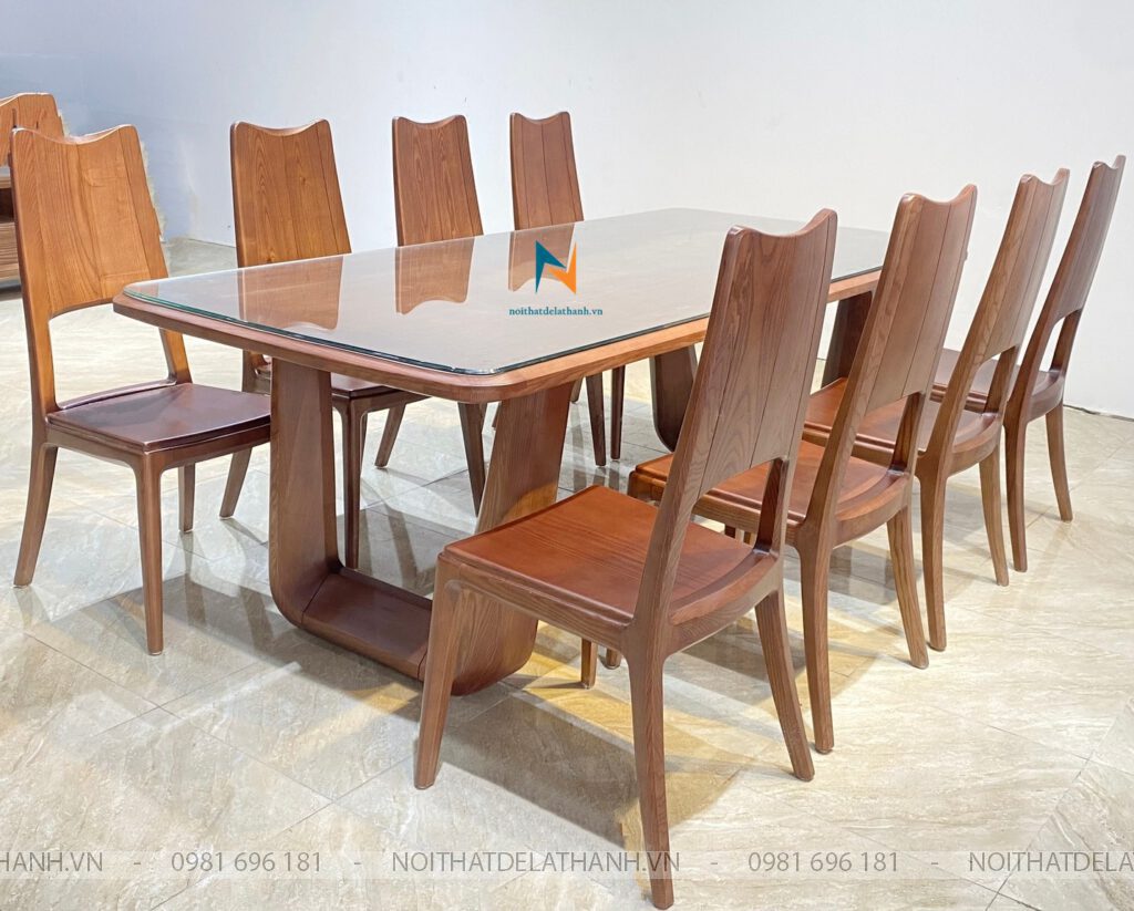 Bộ bàn ăn cao cấp 8 ghế với thiết kế hiện đại khoẻ khoắn, bàn chân chữ U to chắc, 8 ghế ba tiêu thanh thoát, chắc chắn