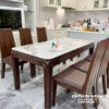 Bàn ăn gỗ sồi Nga 6 ghế, kích thước 1m6x80cm, mặt đá ceramic vân mây màu trắng rất đẹp