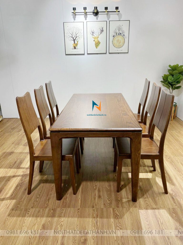 Bộ bàn ăn chất liệu gỗ sồi Nga, 6 ghế ba tiêu thiết kế theo phong cách hiện đại