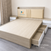 Giường bọc nệm đầu giường 1m6 gỗ MDF vân sồi, đầu nệm da kem, hai ngăn kéo trắng mở ra