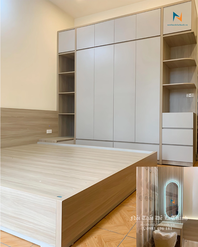 Hình ảnh bộ giường tủ cưới phong cách hiện đại siêu đẹp với giường hiện đại 1m8x2m, tủ quần áo 2mx2m45, có kệ góc trang trí 2 bên, táp đầu giường, bàn trang điểm đèn led oval rất đẹp