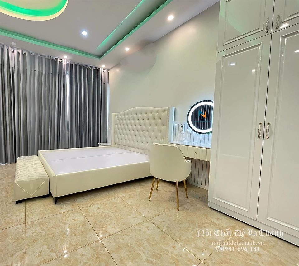 Combo phòng cưới chung cư phong cách tân cổ điển hiện đại gồm giường 1m8 bọc da toàn thân, tủ chữ L 4mx2m45
