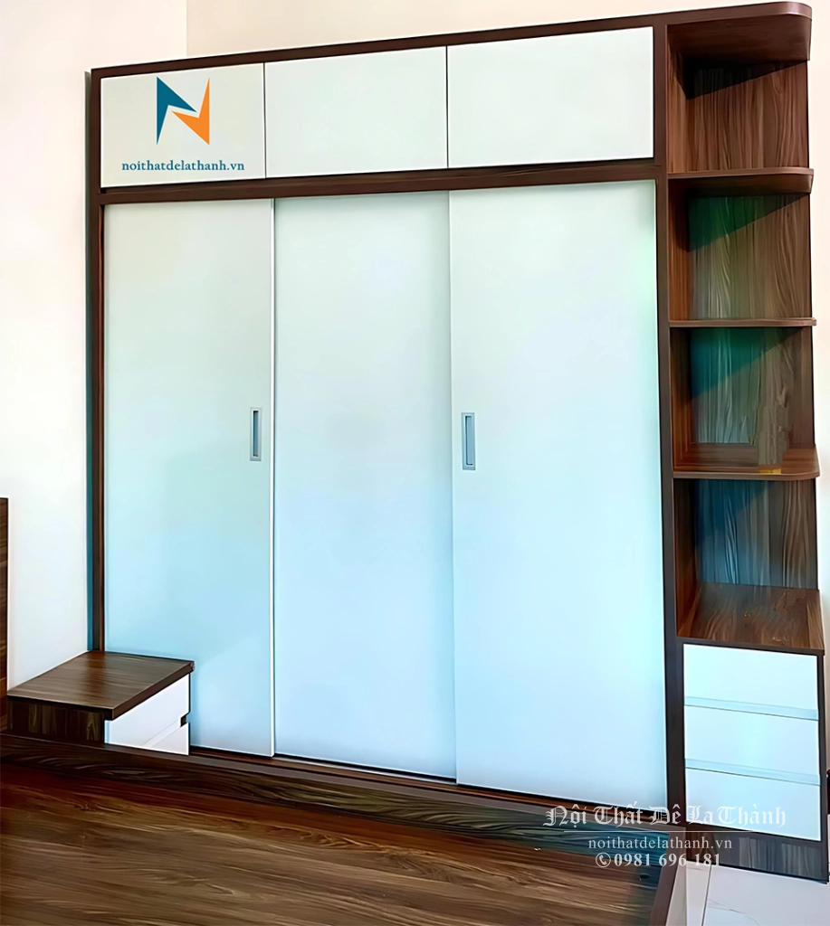 Combo giường tủ giá rẻ gồm tủ cánh lùa 2m4x2m45, giường ngủ 1m6x2m, táp đầu giường, bàn trang điểm 1m2 gương tròn led
