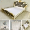 Combo giường tủ tân cổ điển gồm giường hoa quỳnh 1m8x2m, đầu bọc da màu xám, tủ 5 cánh 2m1x2m3, bàn trang điểm 1m2