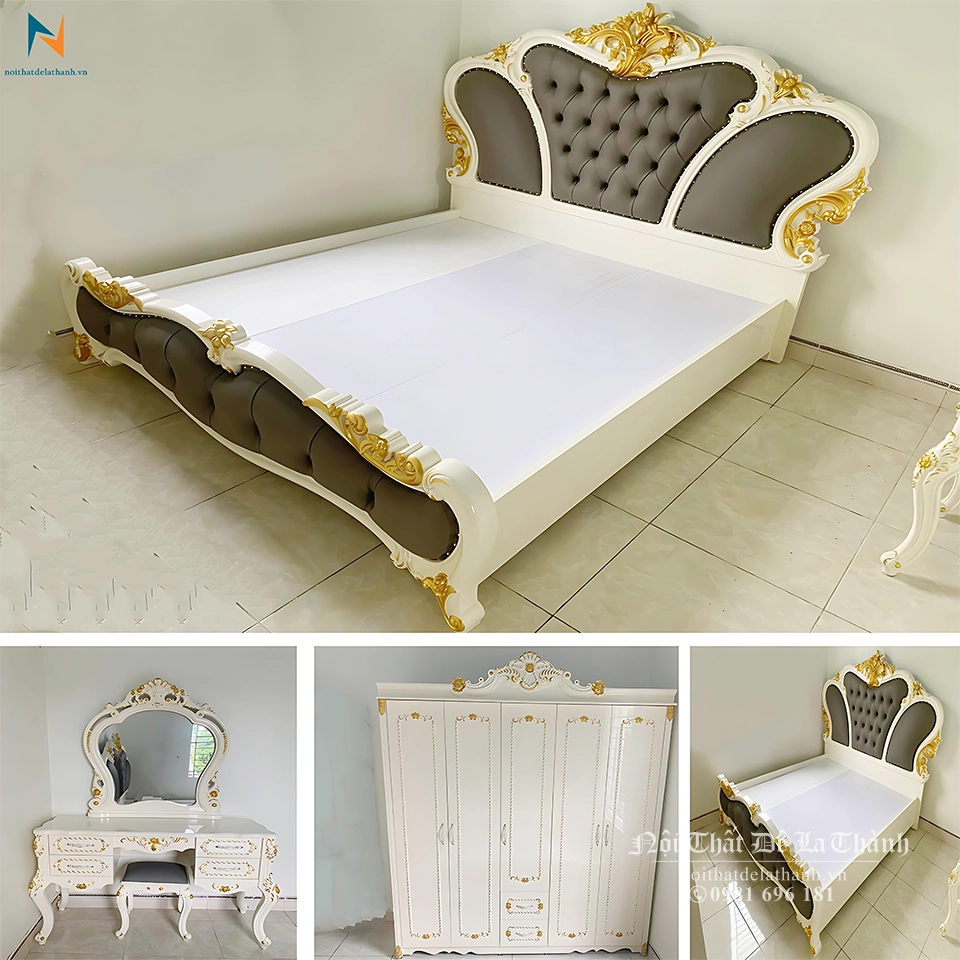 Combo giường tủ tân cổ điển gồm giường hoa quỳnh 1m8x2m, đầu bọc da màu xám, tủ 5 cánh 2m1x2m3, bàn trang điểm 1m2